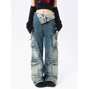 Aiertu Blue Jeans Women Streetwear Fashion Y2K High Waist American Wide Leg Pants Denim Female Pants Autumn Straight Trousers