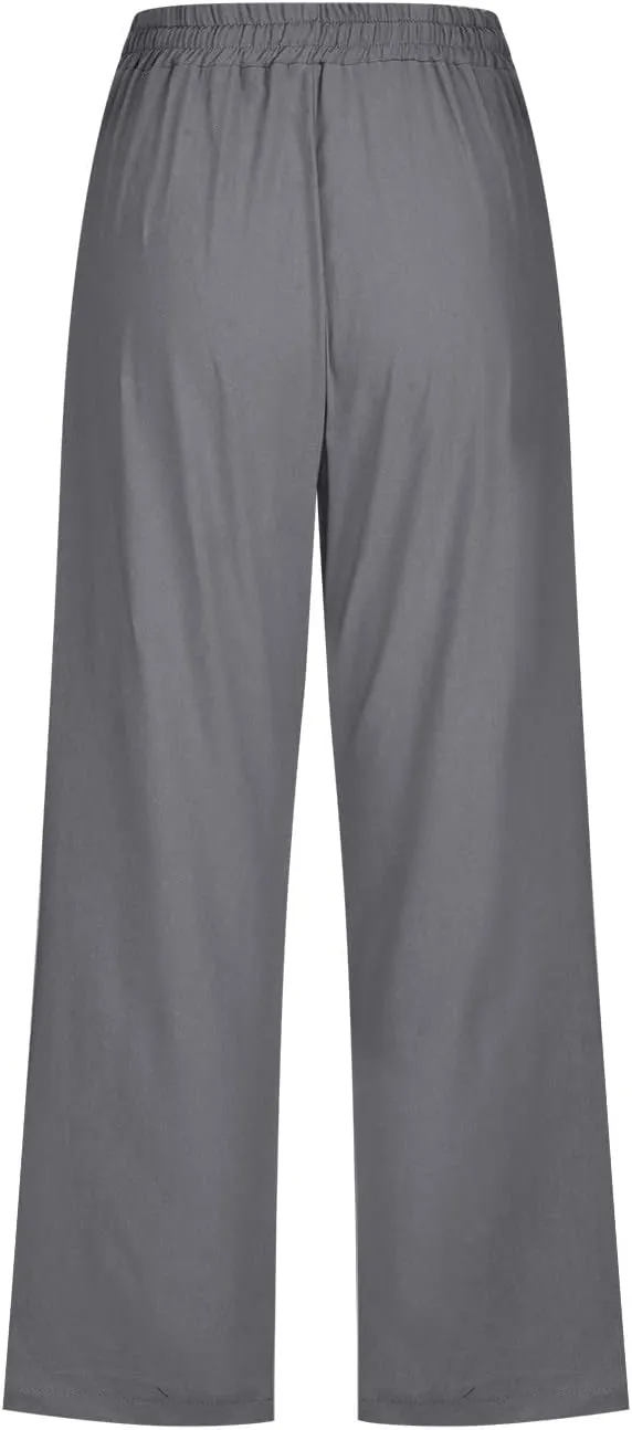 Capri Pants for Women Casual Summer Drawstring Elestic High Waist Cropped Trouser Plus Size Cotton Linen Capris