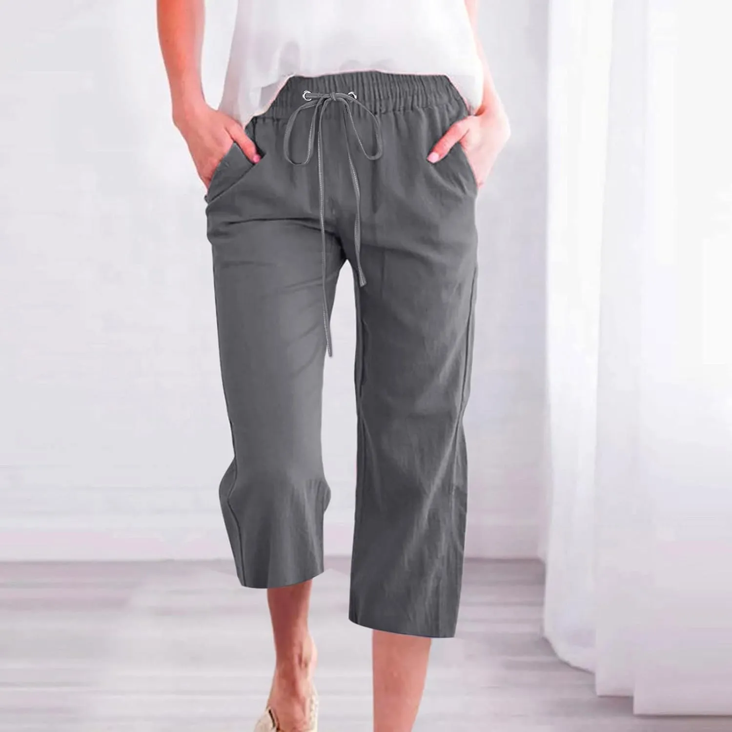 Capri Pants for Women Casual Summer Drawstring Elestic High Waist Cropped Trouser Plus Size Cotton Linen Capris
