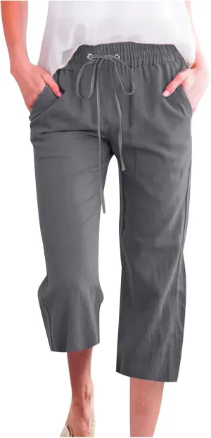 Capri Pants for Women Casual Summer Drawstring Elestic High Waist Cropped Trouser Plus Size Cotton Linen Capris