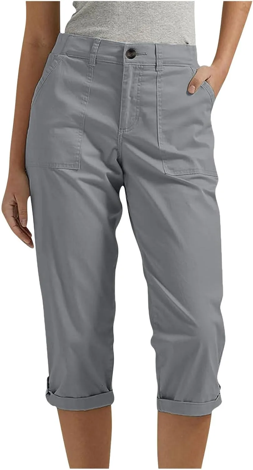 Dressy Capri Pants for Women Casual High Waisted Capris Cargo Pants with Pockets Slim-Fit Tapered Leg Cotton Capris