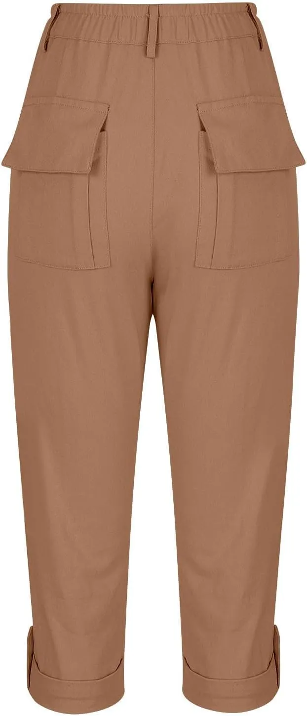 Dressy Capri Pants for Women Casual High Waisted Capris Cargo Pants with Pockets Slim-Fit Tapered Leg Cotton Capris