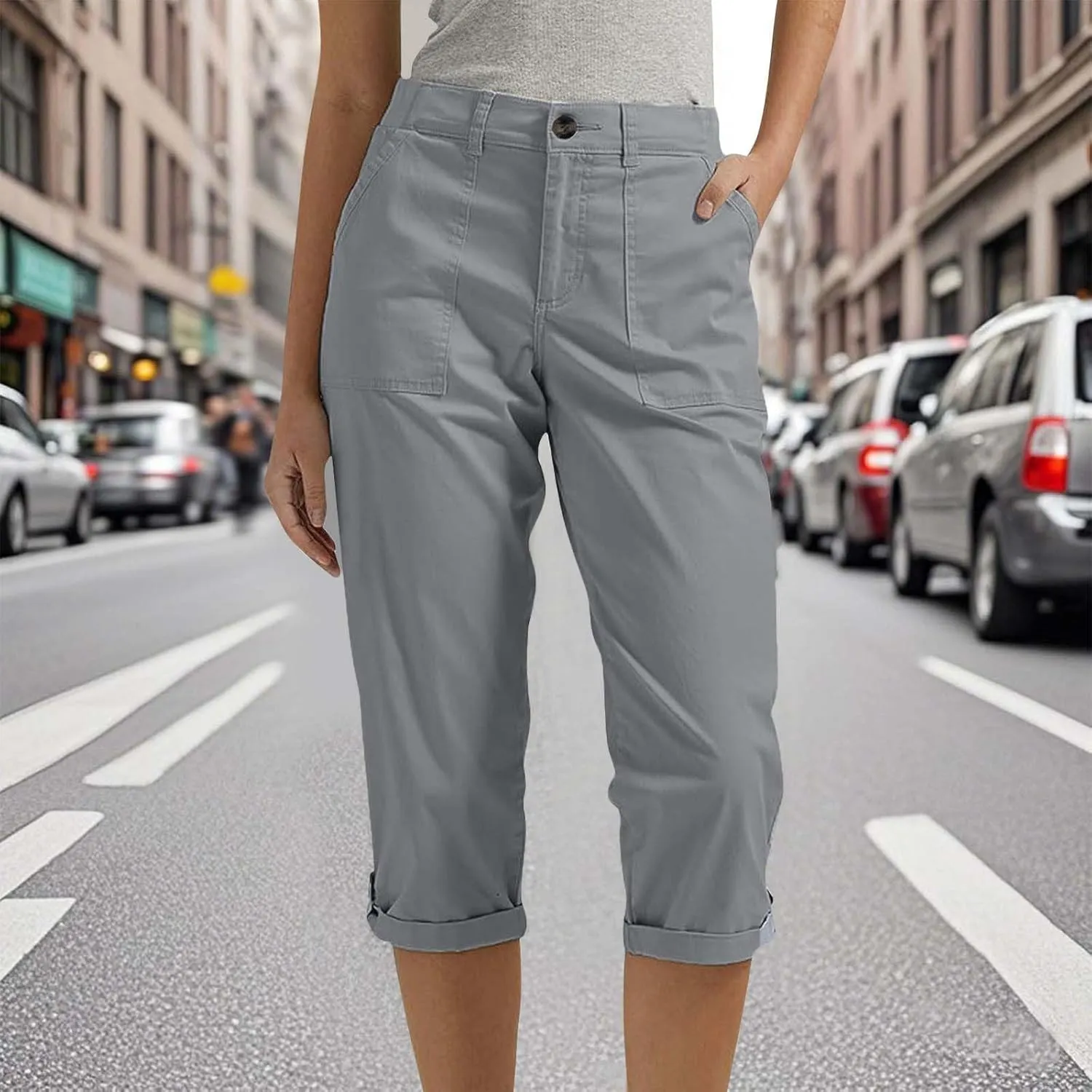 Dressy Capri Pants for Women Casual High Waisted Capris Cargo Pants with Pockets Slim-Fit Tapered Leg Cotton Capris