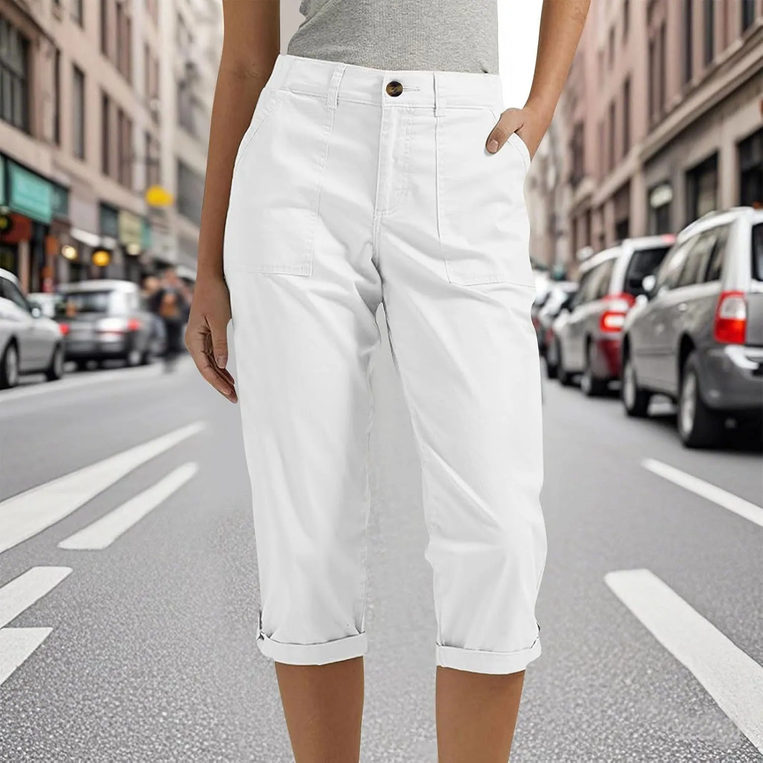 Dressy Capri Pants for Women Casual High Waisted Capris Cargo Pants with Pockets Slim-Fit Tapered Leg Cotton Capris