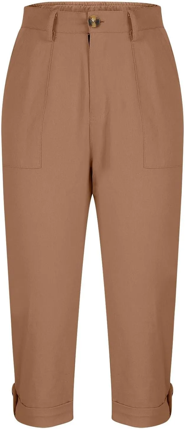 Dressy Capri Pants for Women Casual High Waisted Capris Cargo Pants with Pockets Slim-Fit Tapered Leg Cotton Capris