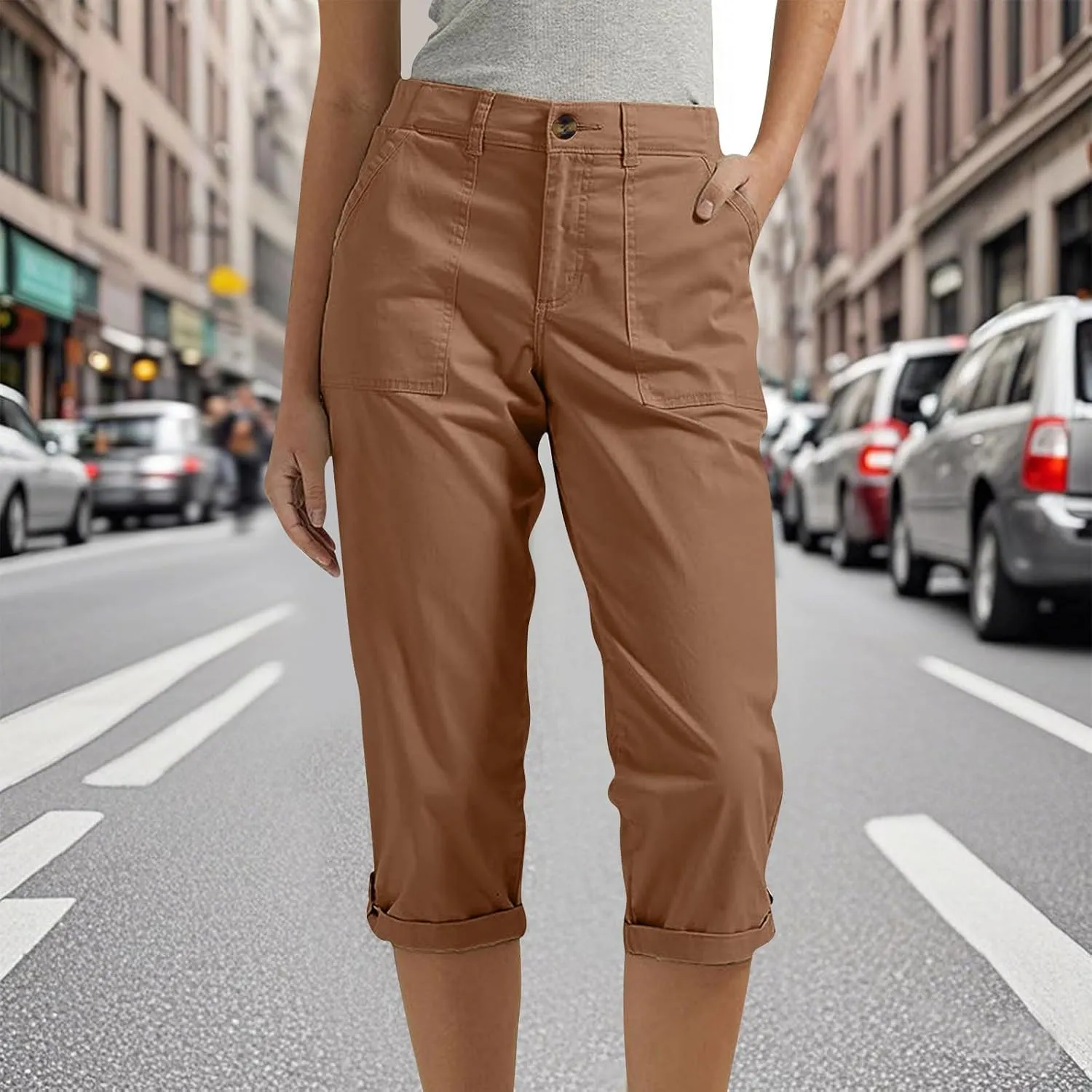 Dressy Capri Pants for Women Casual High Waisted Capris Cargo Pants with Pockets Slim-Fit Tapered Leg Cotton Capris