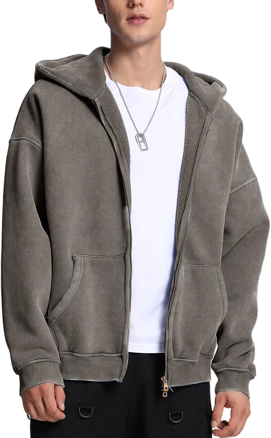 FAIABLE Mens Womens Double Zip Up Hoodie Oversized Acid Wash Heavyweight Fleece Cotton Zipper Hoodie Vintage