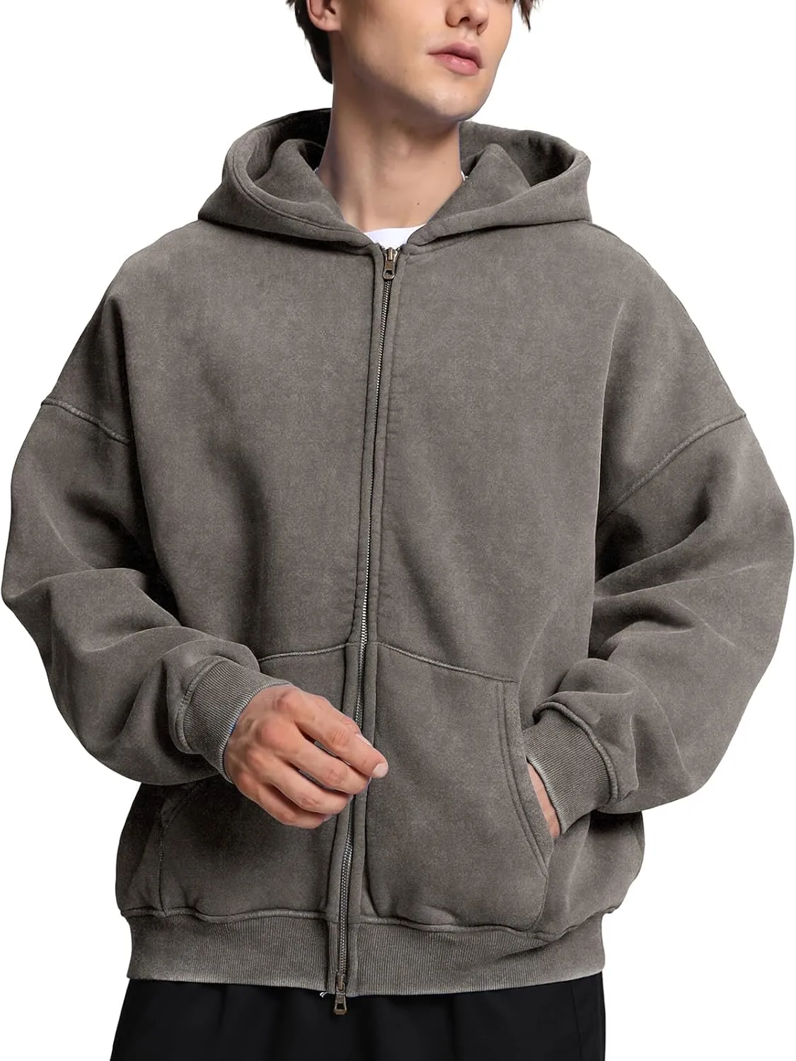 FAIABLE Mens Womens Double Zip Up Hoodie Oversized Acid Wash Heavyweight Fleece Cotton Zipper Hoodie Vintage