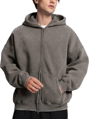 FAIABLE Mens Womens Double Zip Up Hoodie Oversized Acid Wash Heavyweight Fleece Cotton Zipper Hoodie Vintage