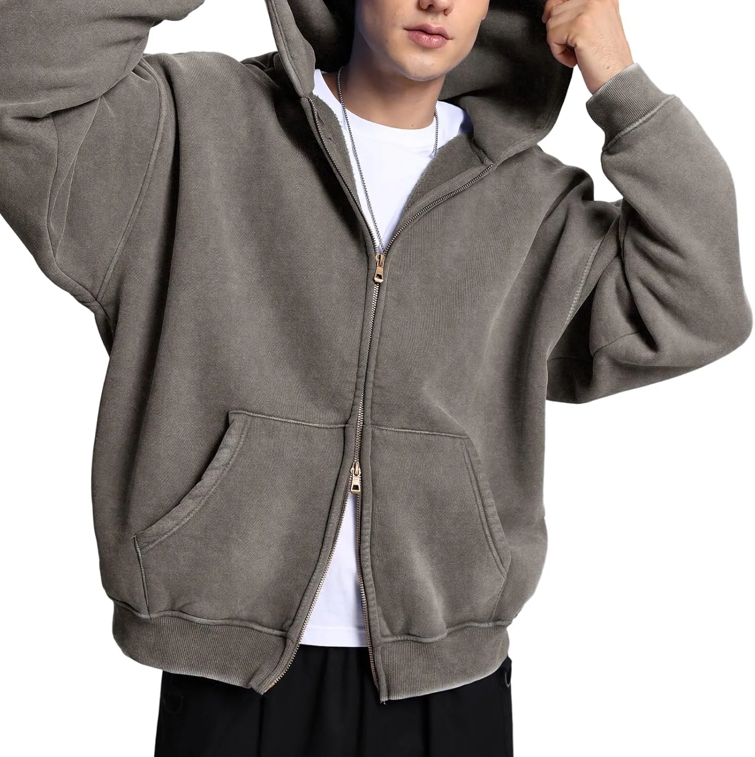 FAIABLE Mens Womens Double Zip Up Hoodie Oversized Acid Wash Heavyweight Fleece Cotton Zipper Hoodie Vintage
