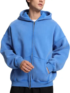 FAIABLE Mens Womens Double Zip Up Hoodie Oversized Acid Wash Heavyweight Fleece Cotton Zipper Hoodie Vintage
