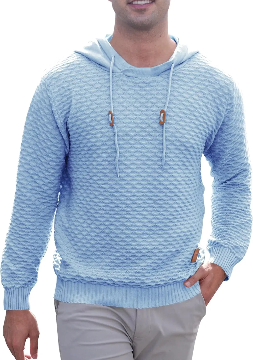 Mens Hooded Sweatshirt Casual Long Sleeve Drawstring Solid Knitted Hoodie Pullover Sweater
