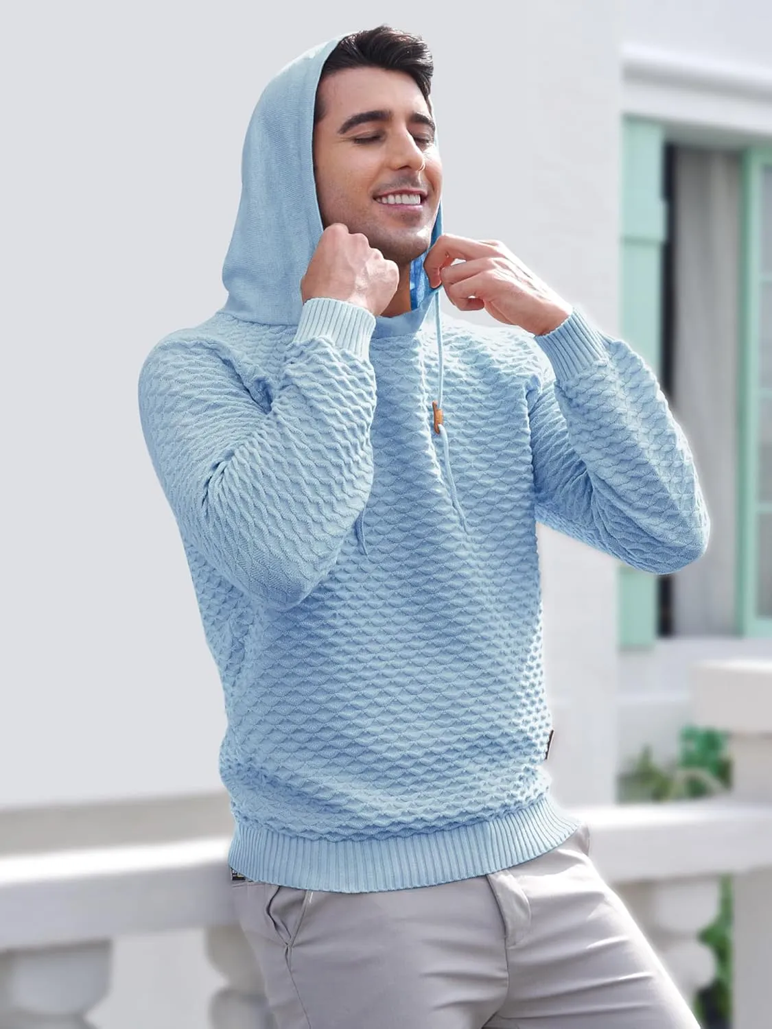Mens Hooded Sweatshirt Casual Long Sleeve Drawstring Solid Knitted Hoodie Pullover Sweater