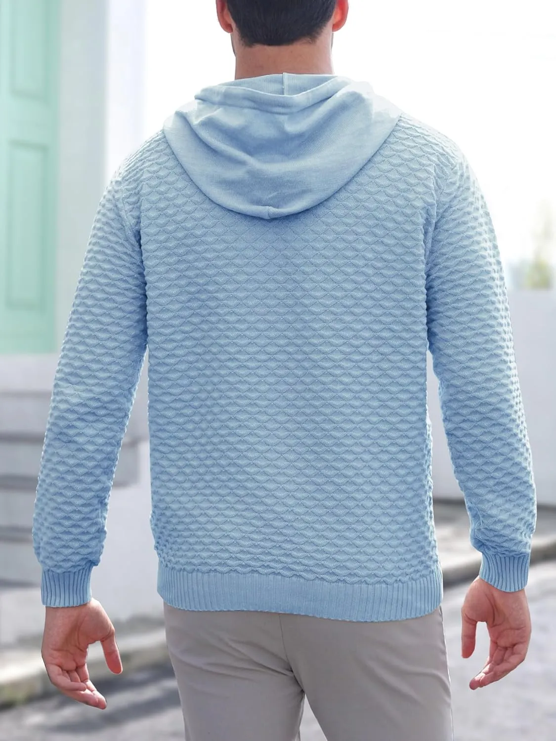 Mens Hooded Sweatshirt Casual Long Sleeve Drawstring Solid Knitted Hoodie Pullover Sweater