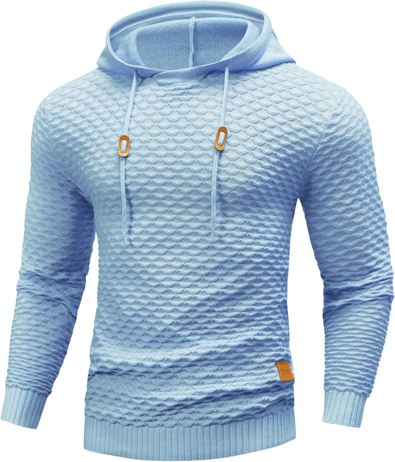 Mens Hooded Sweatshirt Casual Long Sleeve Drawstring Solid Knitted Hoodie Pullover Sweater