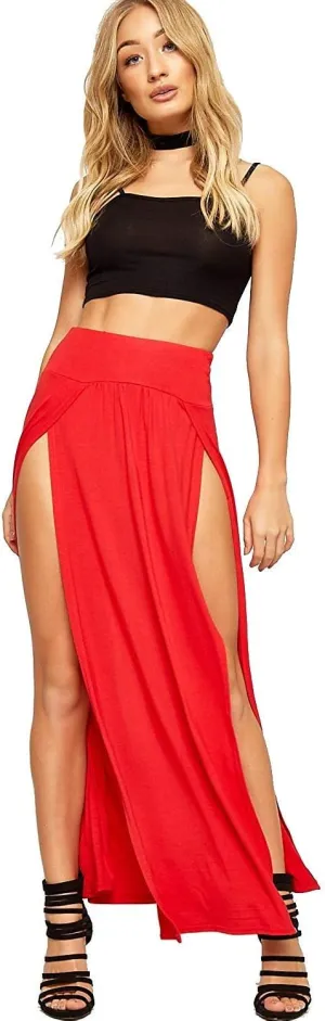 OgLuxe Womens Double Split Maxi Long Skirt Ladies Plain Basic Two Side Slit 4-22