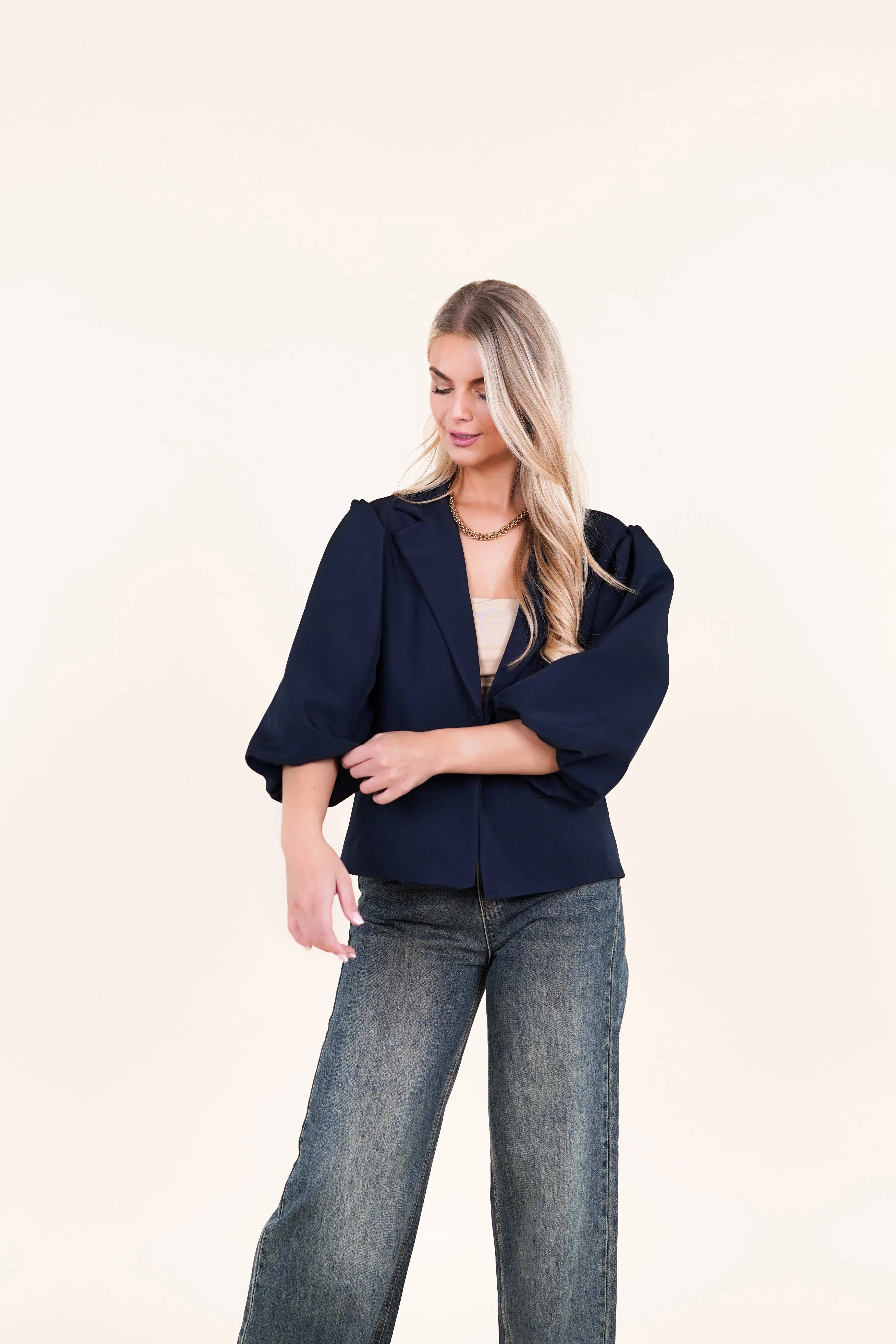 Oversized blazer met pofmouwen donkerblauw - Darcy