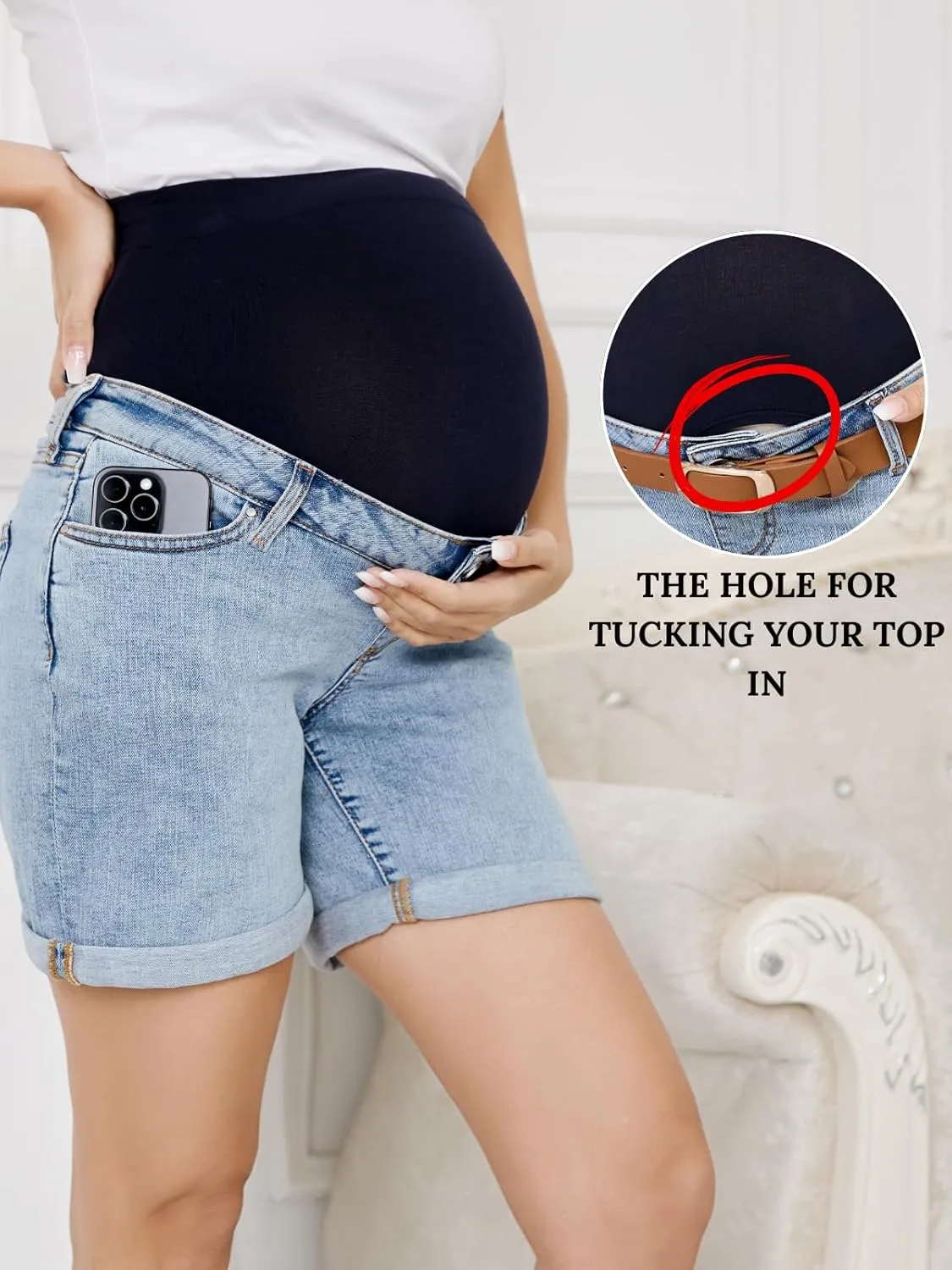 OVRUNS Women Maternity Jean Shorts Over The Belly Stretchy Comfy Rolled Cuff Pregnancy Denim Shorts with Pockets