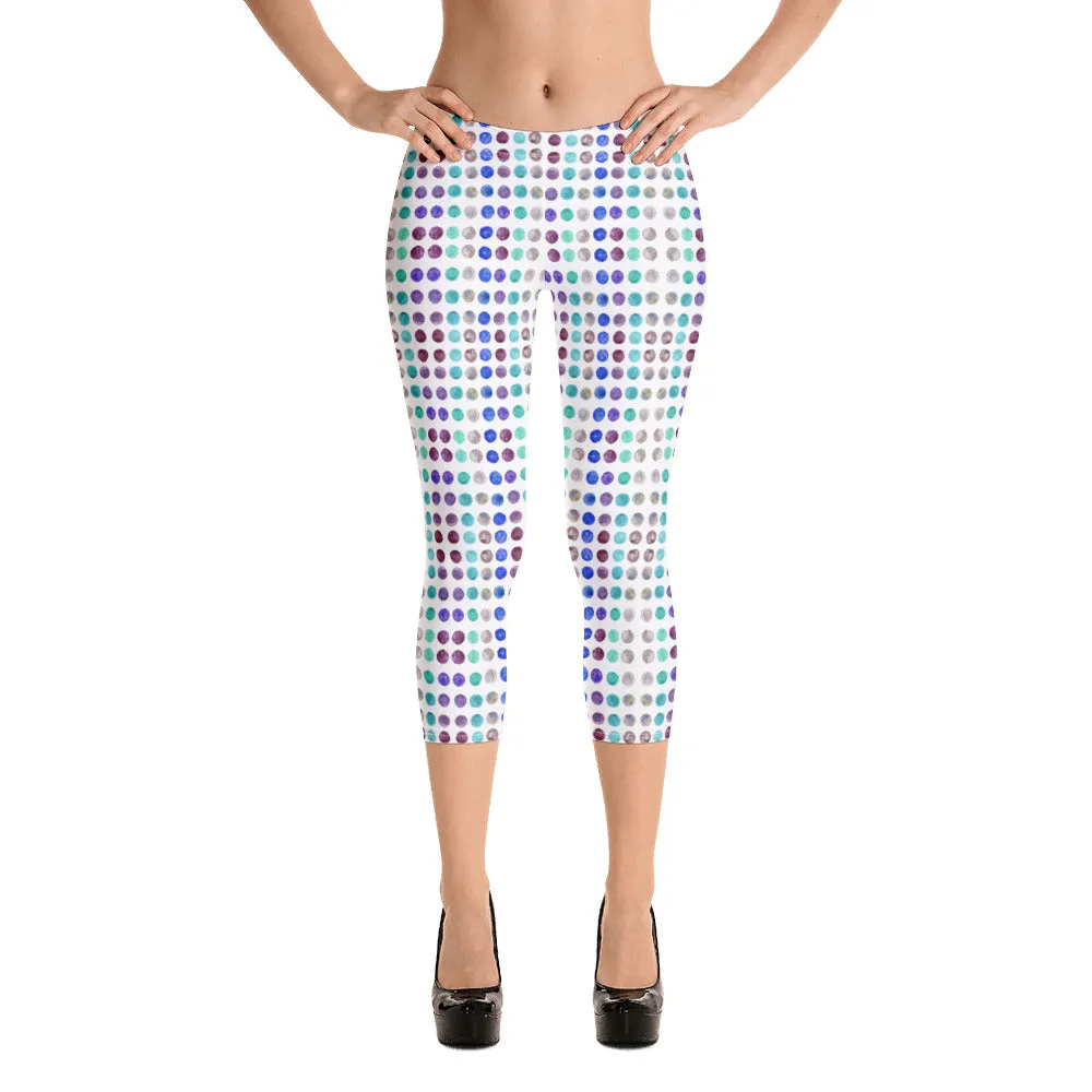 Polka Dots Women's Capri Leggings, Abstract Dotted Watercolor Ladies Capris Tights-Made in USA/EU