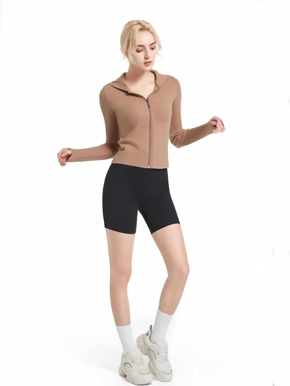 Ribbed Hoodies for Women Lightweight Full Zip Up Jackets Long Sleeves Tops Fitted Cropped Sweatshirt