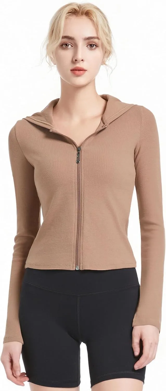 Ribbed Hoodies for Women Lightweight Full Zip Up Jackets Long Sleeves Tops Fitted Cropped Sweatshirt
