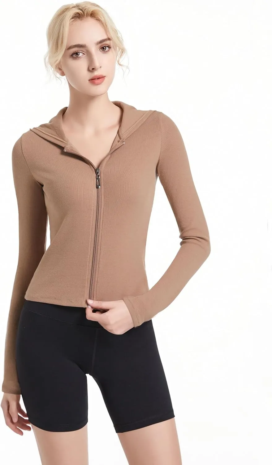 Ribbed Hoodies for Women Lightweight Full Zip Up Jackets Long Sleeves Tops Fitted Cropped Sweatshirt