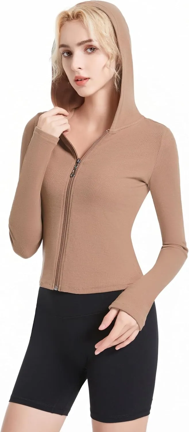 Ribbed Hoodies for Women Lightweight Full Zip Up Jackets Long Sleeves Tops Fitted Cropped Sweatshirt