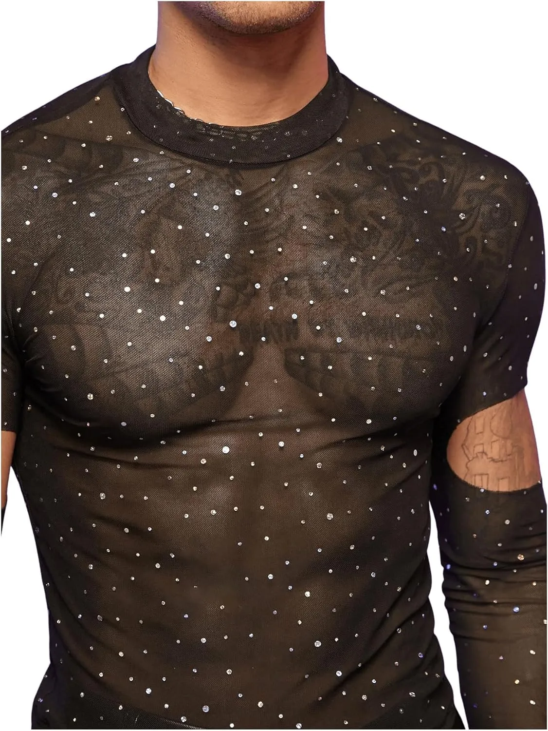 SHENHE Men's Cut Out Sheer Mesh Crewneck Long Sleeve Fitted Crop Tee Shirt Party Top