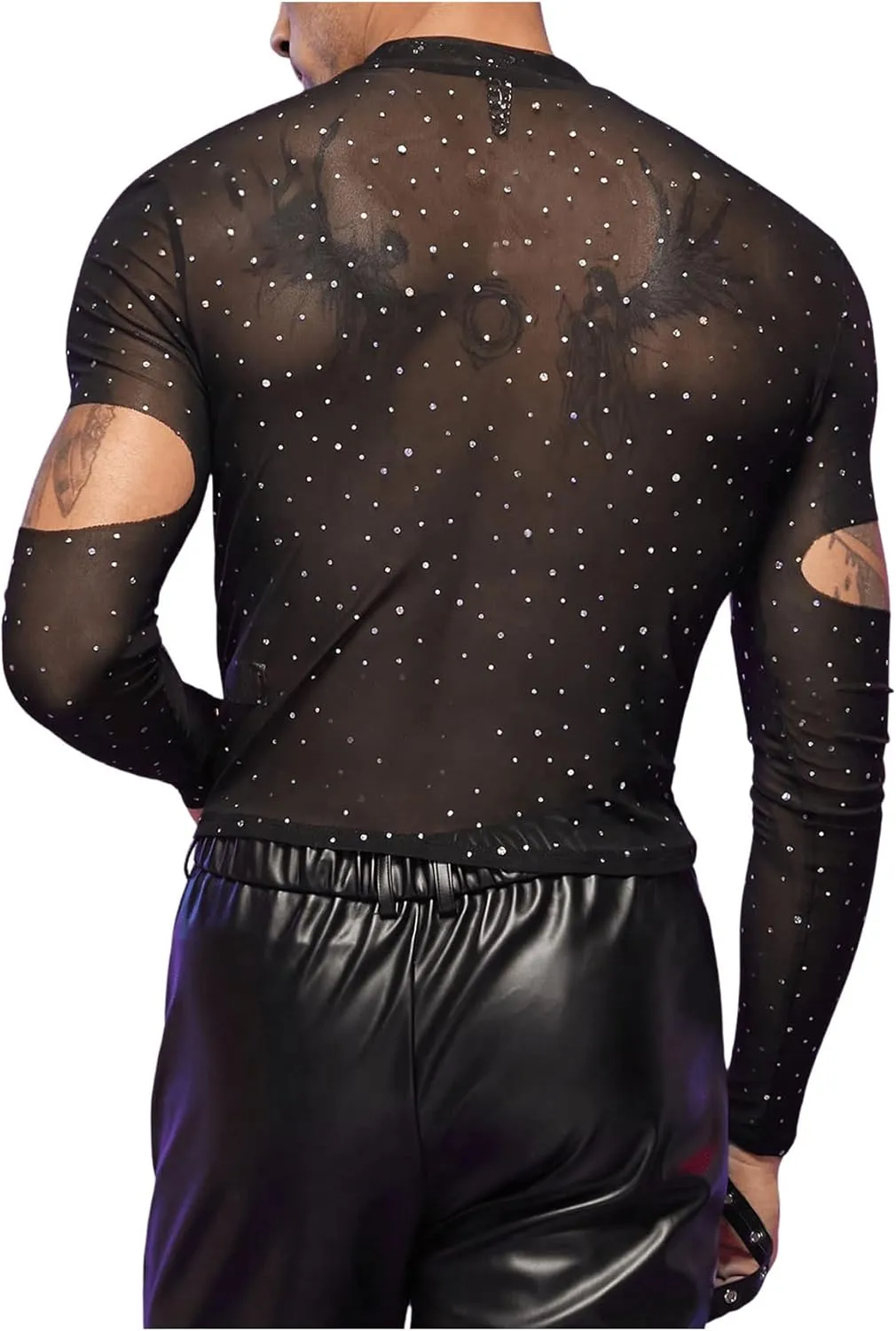 SHENHE Men's Cut Out Sheer Mesh Crewneck Long Sleeve Fitted Crop Tee Shirt Party Top