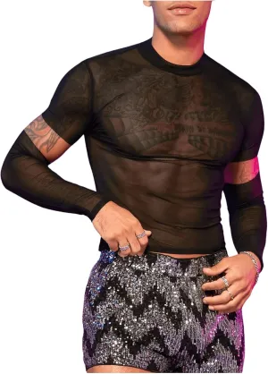 SHENHE Men's Cut Out Sheer Mesh Crewneck Long Sleeve Fitted Crop Tee Shirt Party Top