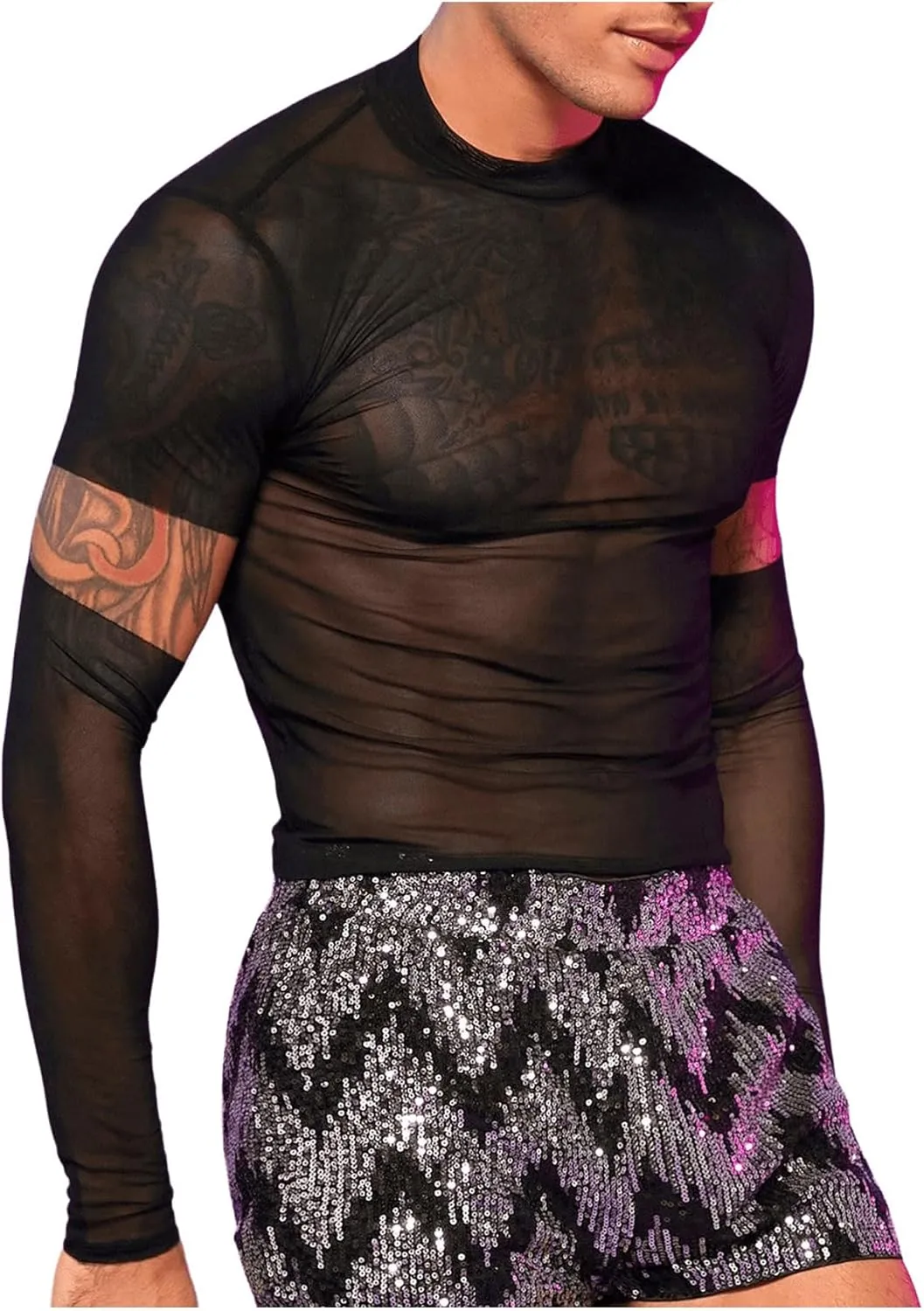 SHENHE Men's Cut Out Sheer Mesh Crewneck Long Sleeve Fitted Crop Tee Shirt Party Top