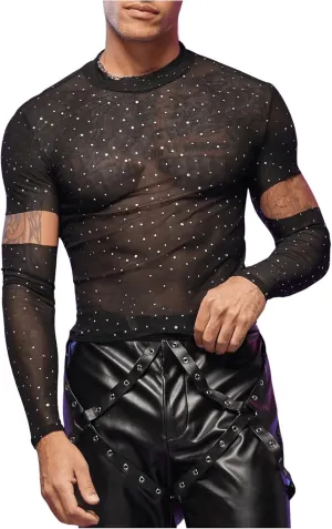 SHENHE Men's Cut Out Sheer Mesh Crewneck Long Sleeve Fitted Crop Tee Shirt Party Top