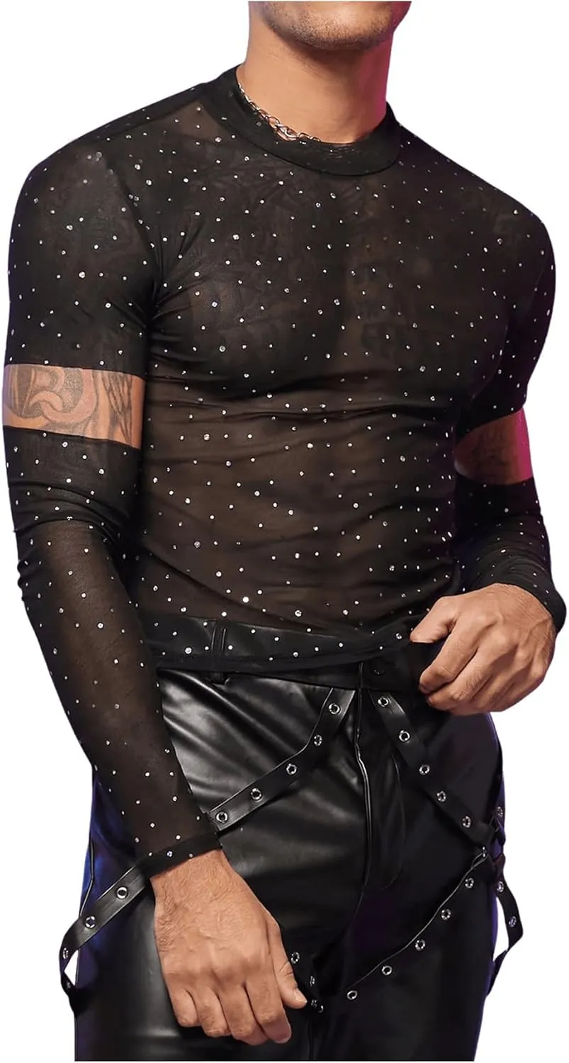 SHENHE Men's Cut Out Sheer Mesh Crewneck Long Sleeve Fitted Crop Tee Shirt Party Top