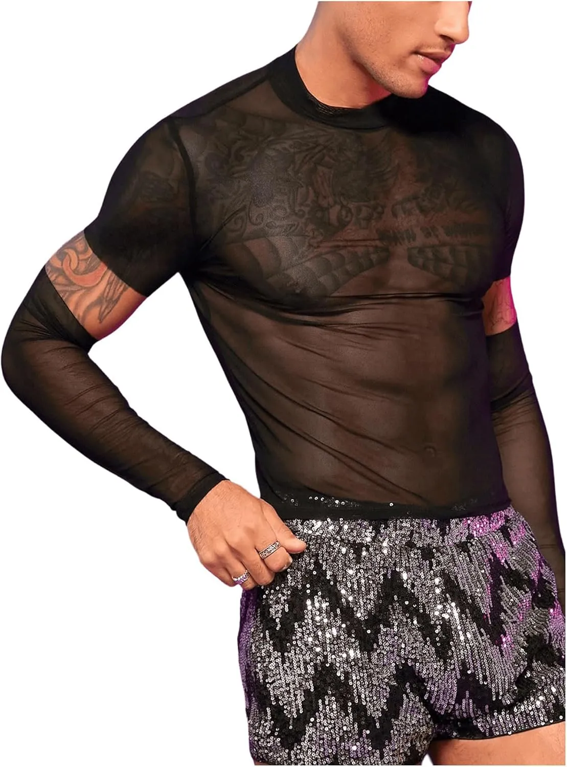 SHENHE Men's Cut Out Sheer Mesh Crewneck Long Sleeve Fitted Crop Tee Shirt Party Top