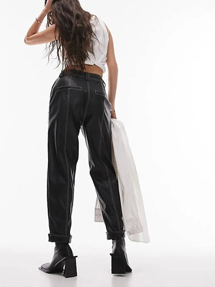 Trend4us Belted Black Faux Leather Trousers