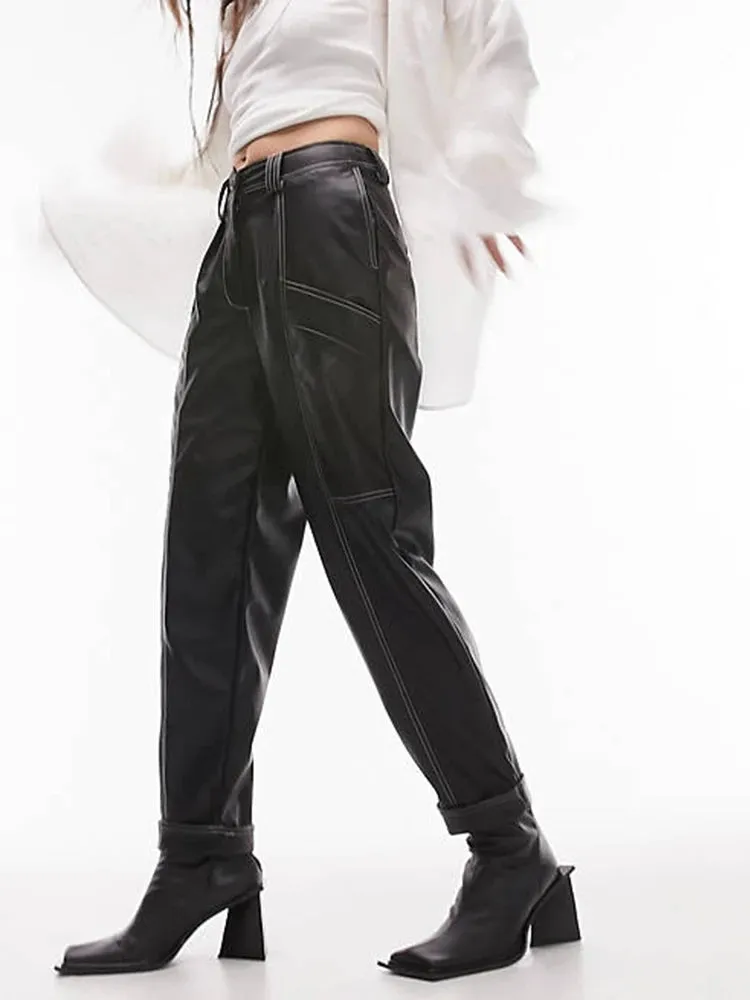Trend4us Belted Black Faux Leather Trousers
