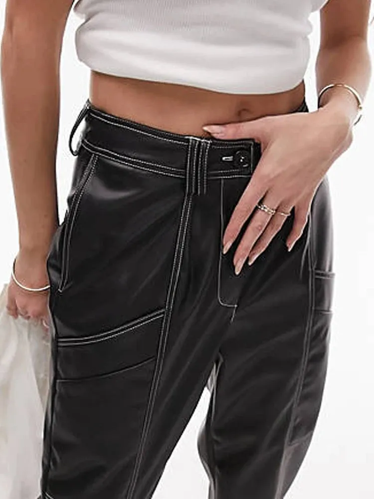 Trend4us Belted Black Faux Leather Trousers