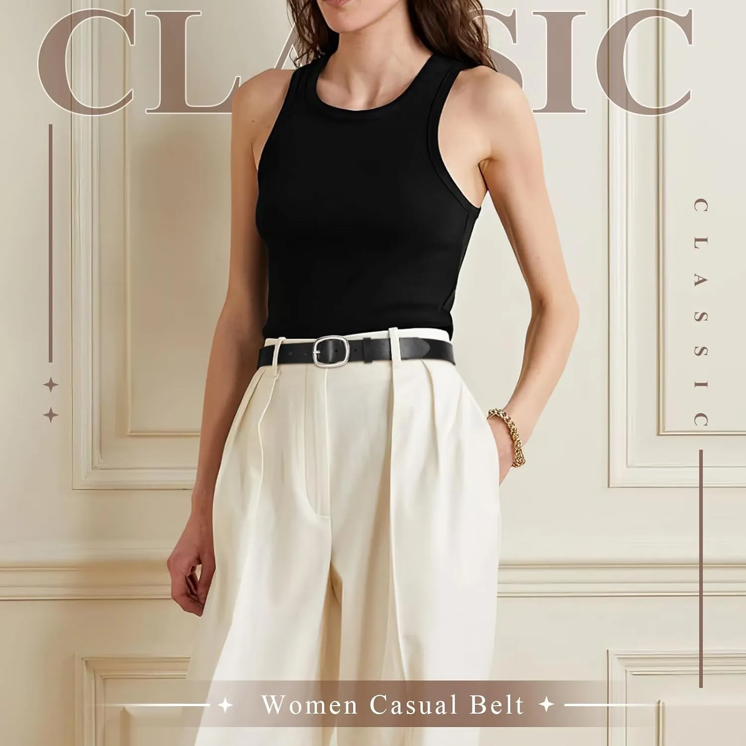 WHIPPY Women Leather Belt Casual Fashion Gold Buckle Leather Waist Belt for Jeans Pants Dresses Chic Ladies Belt