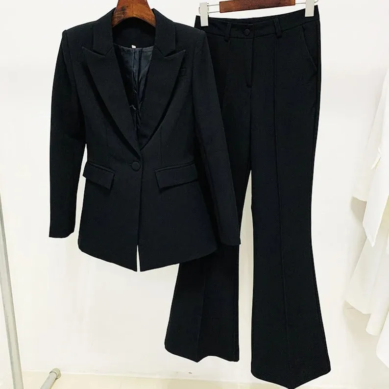 Women One-Button Blazer   Flare Trousers Suit - 6 Colors Available