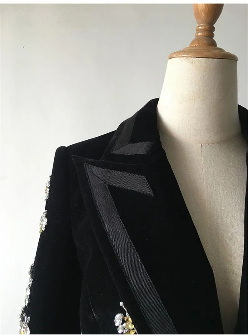 Women Velvet Black Blazer with Jewellery Bees Embroidery