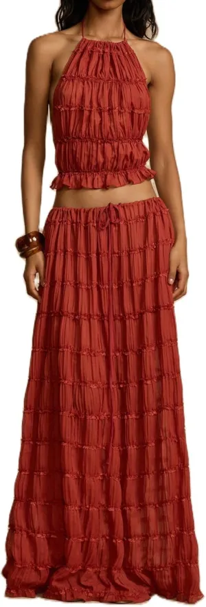 Women Y2K Maxi Skirt Set Sleeveless Halter Ruched Cami Top Flowy Long Skirt Mesh 2 Piece Outfts Beachwear