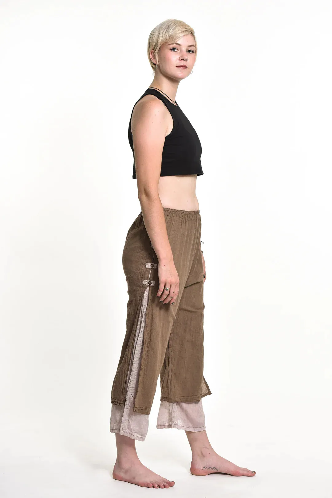 Women's Cotton Double Layers Cropped Pants in Solid Brown, Thailand