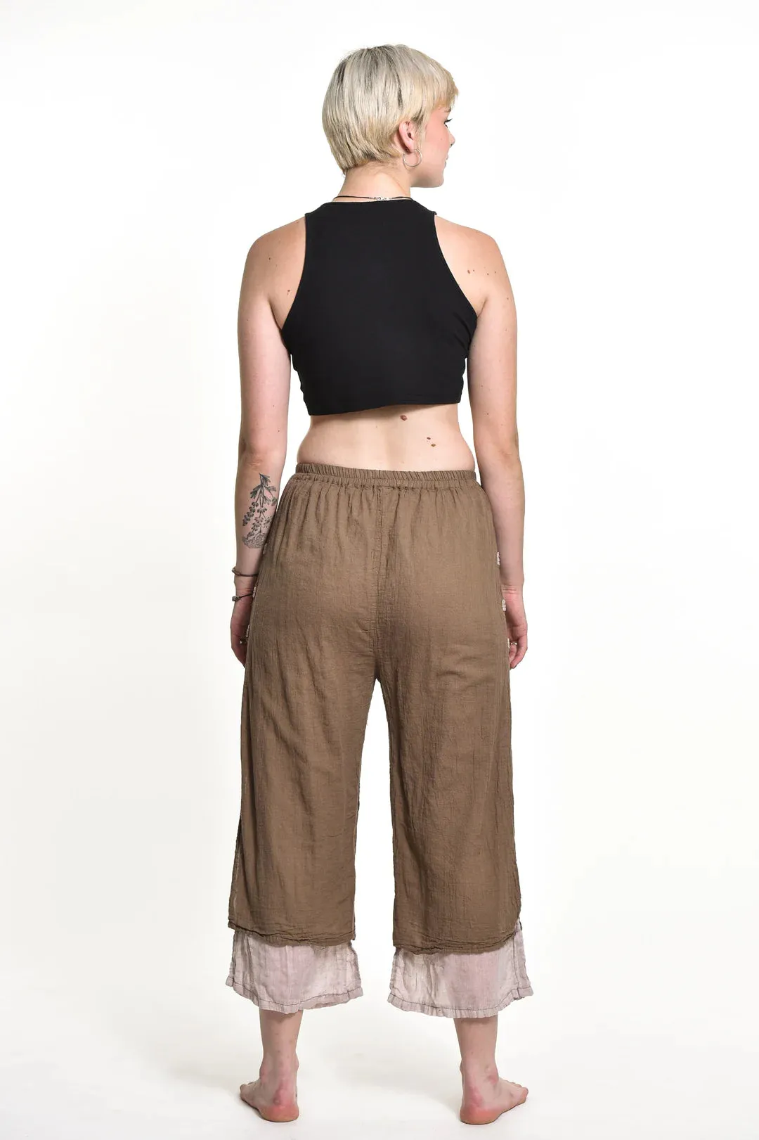 Women's Cotton Double Layers Cropped Pants in Solid Brown, Thailand