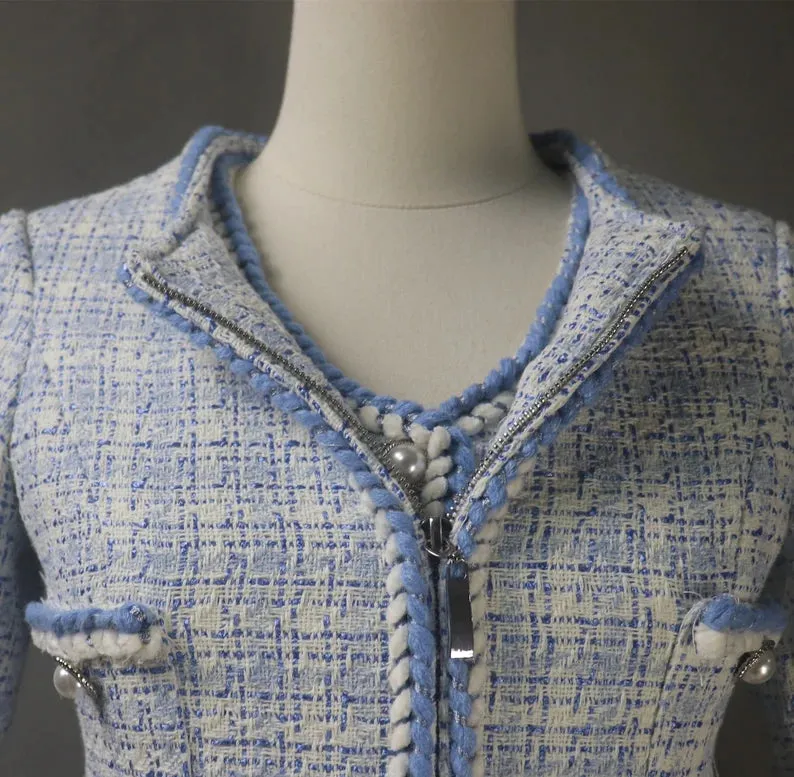 Women's CUSTOM MADE Blue Checked Tweed Jacket Coat Blazer   Vest  Shorts/Skirts/Trousers Matching Set, Speech Day, Graduation, Wedding Suit