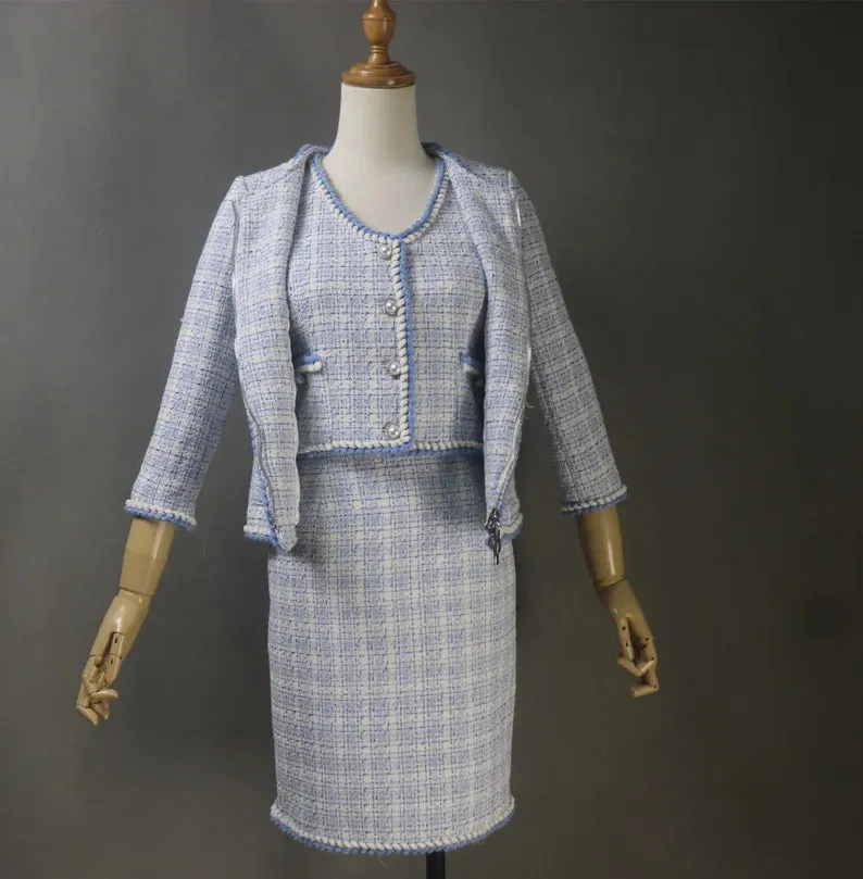 Women's CUSTOM MADE Blue Checked Tweed Jacket Coat Blazer   Vest  Shorts/Skirts/Trousers Matching Set, Speech Day, Graduation, Wedding Suit