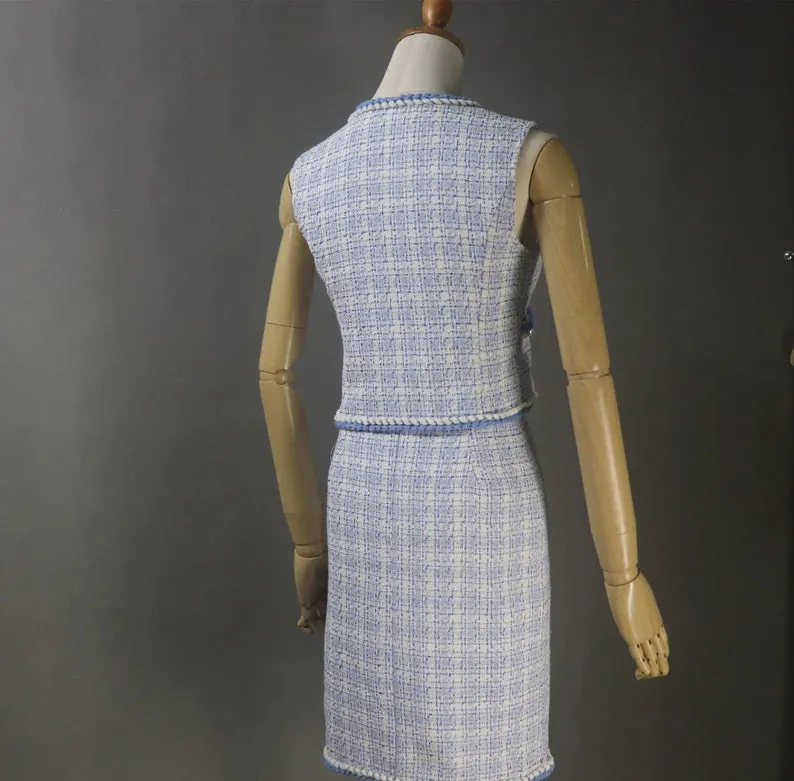 Women's CUSTOM MADE Blue Checked Tweed Jacket Coat Blazer   Vest  Shorts/Skirts/Trousers Matching Set, Speech Day, Graduation, Wedding Suit