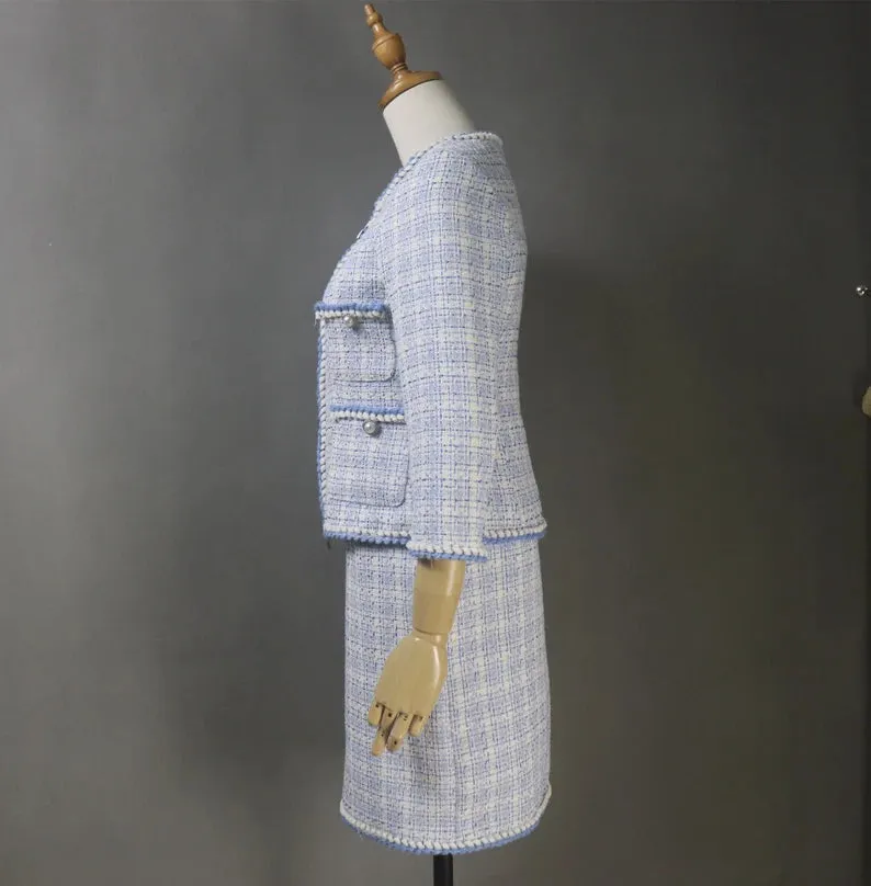 Women's CUSTOM MADE Blue Checked Tweed Jacket Coat Blazer   Vest  Shorts/Skirts/Trousers Matching Set, Speech Day, Graduation, Wedding Suit