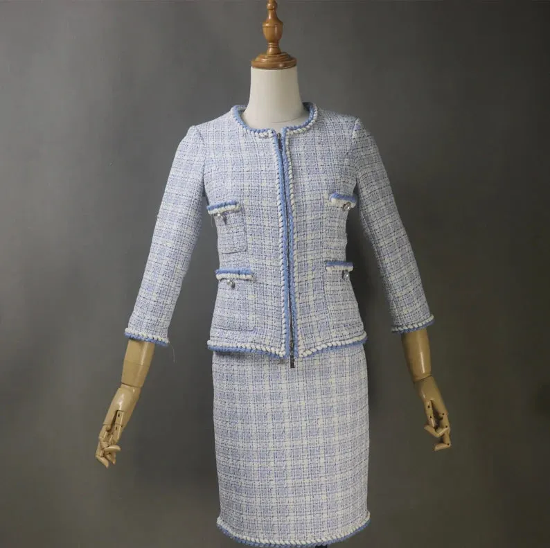 Women's CUSTOM MADE Blue Checked Tweed Jacket Coat Blazer   Vest  Shorts/Skirts/Trousers Matching Set, Speech Day, Graduation, Wedding Suit