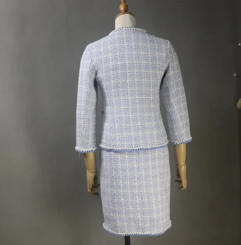 Women's CUSTOM MADE Blue Checked Tweed Jacket Coat Blazer   Vest  Shorts/Skirts/Trousers Matching Set, Speech Day, Graduation, Wedding Suit