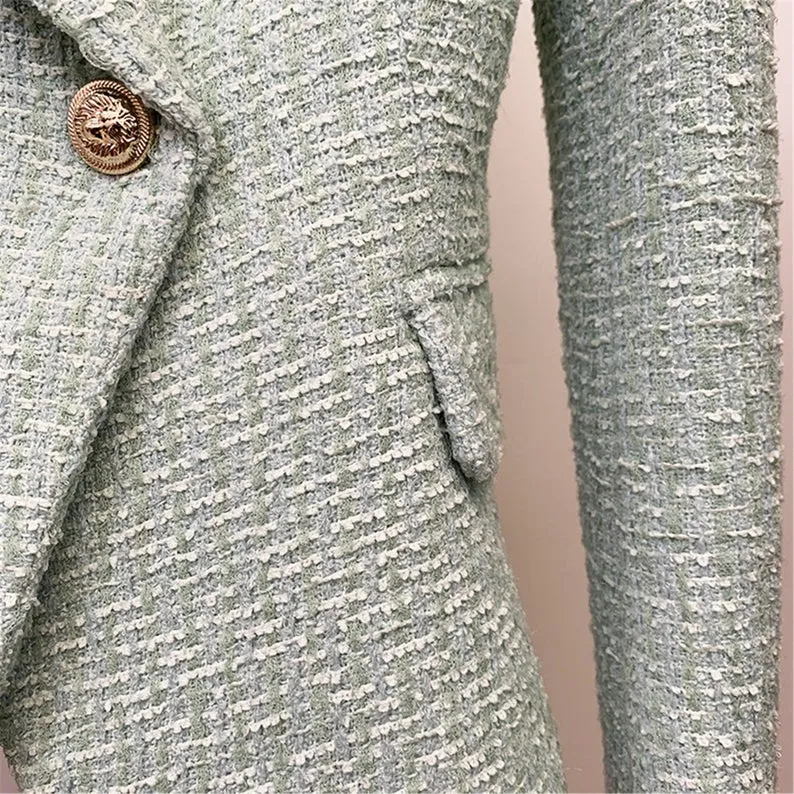 Women's Sequin Designer Inspired Metal Mint Green Tweed Blazer